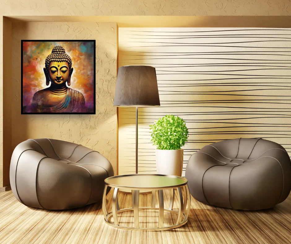 Golden Buddha canvas painting hanging in a cozy meditation seating area with warm lighting.