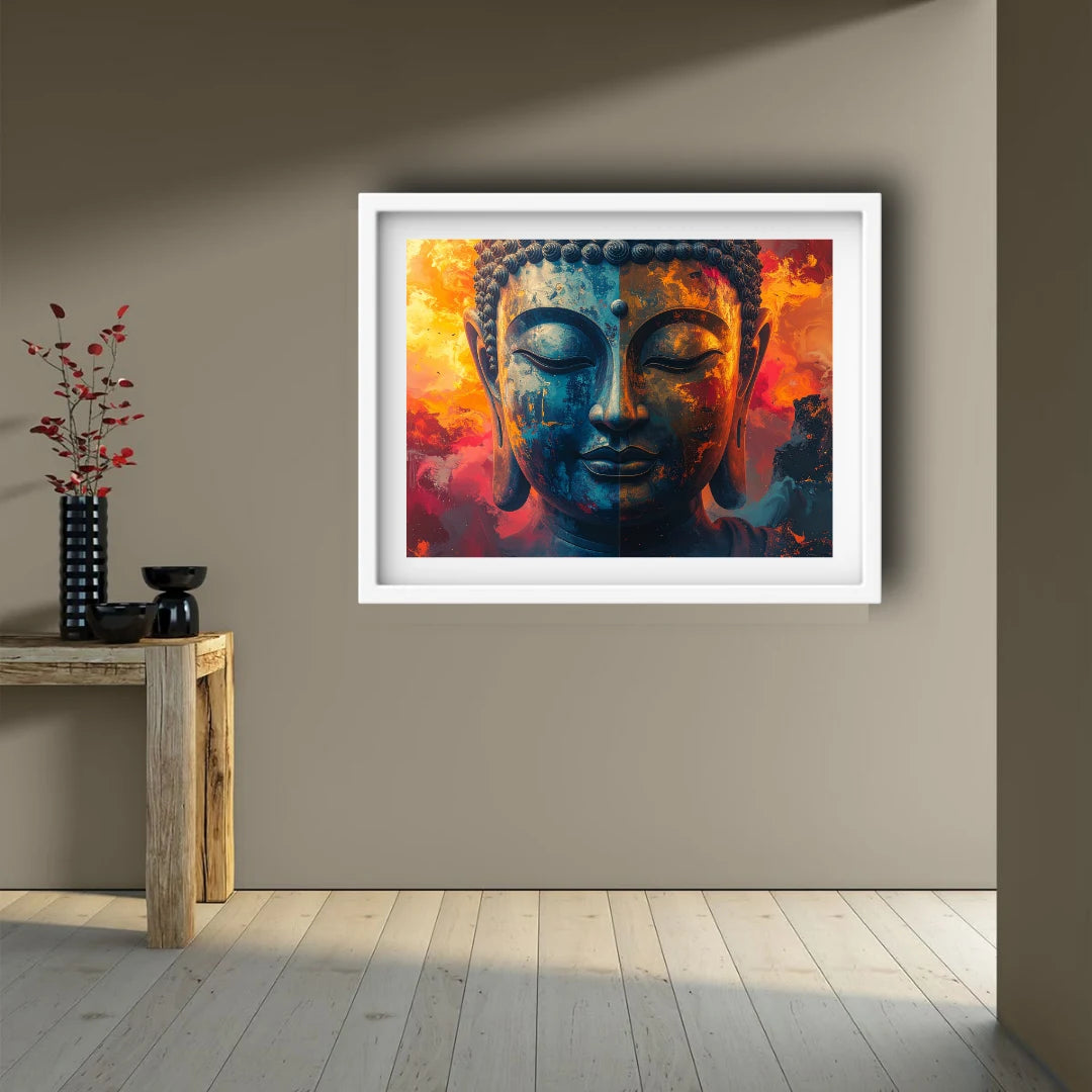 Buddha canvas painting hanging above a sofa in a warm-toned modern living space.