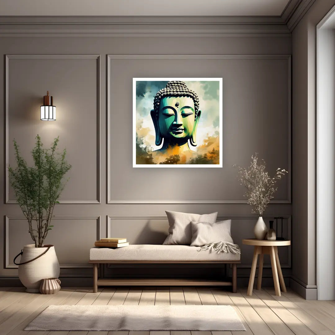 Spiritual Buddha canvas artwork mounted above a sofa in a minimalist interior.