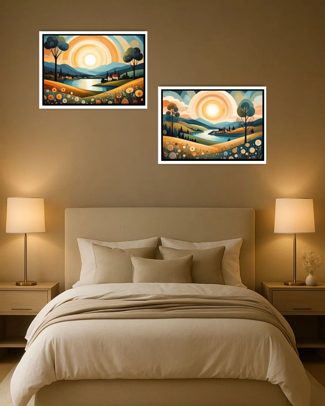 Calm modern landscape set of 2 wall art canvas painting for living room decor