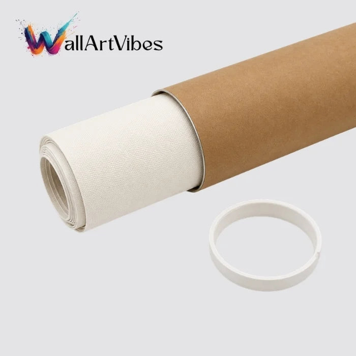 Roll of beige paper with a white ring on a light gray background, featuring the WallArtVibes logo.