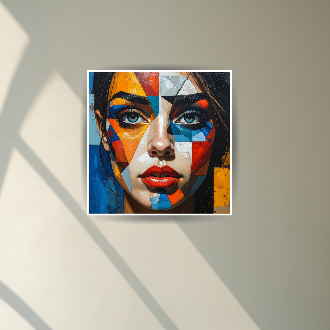 Colorful abstract face painting framed on a wall with natural light across the surface.
