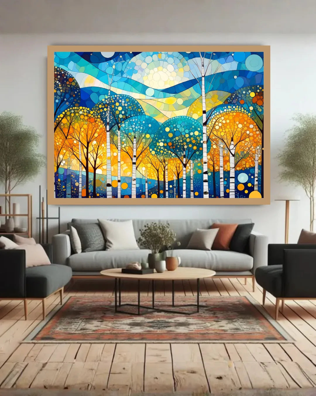 Blue and Gold Forest Landscape Canvas Wall Art for Elegant Home Decoration
