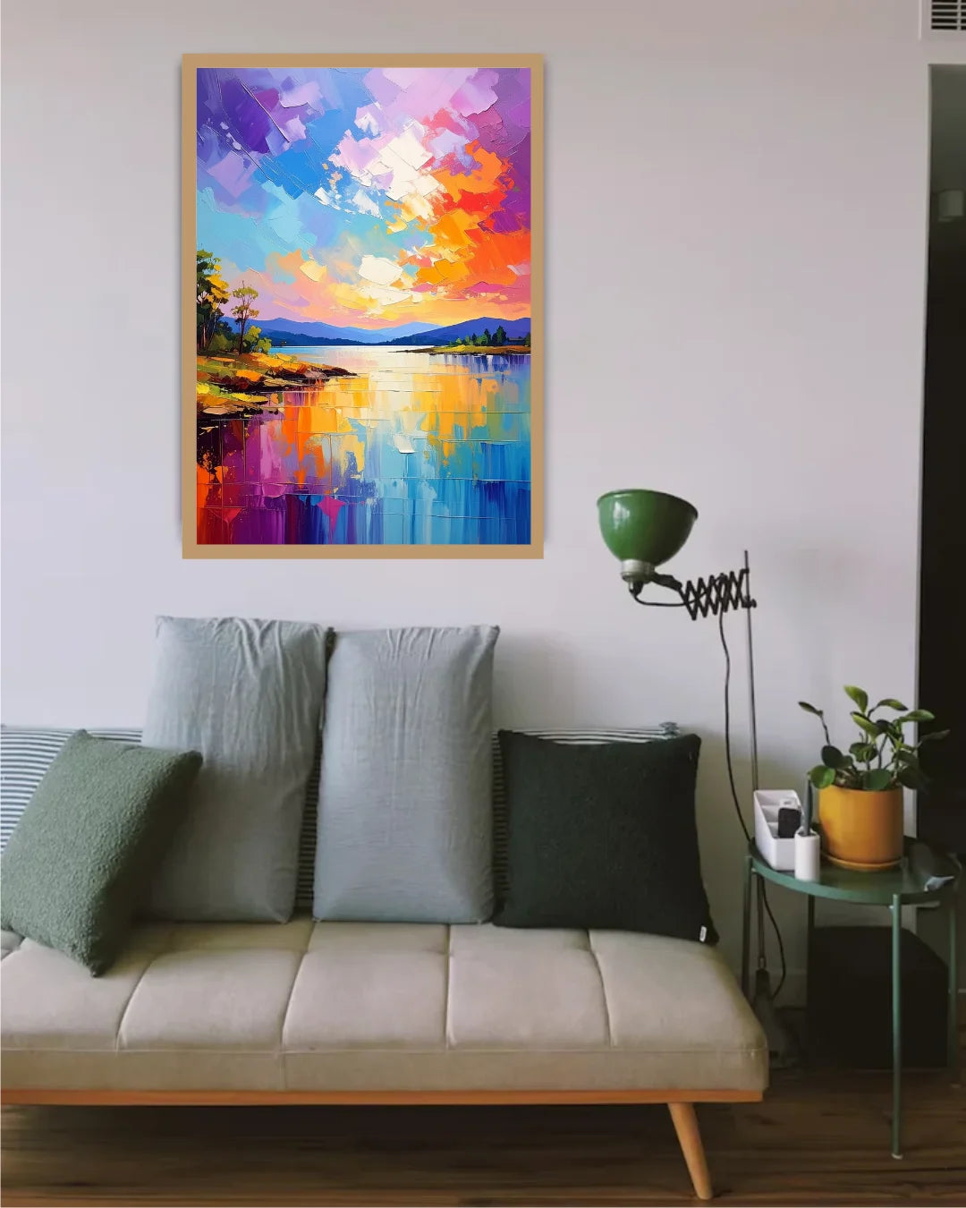 Abstract Nature Landscape Canvas Painting with Colorful Sky Reflection for Home Decor