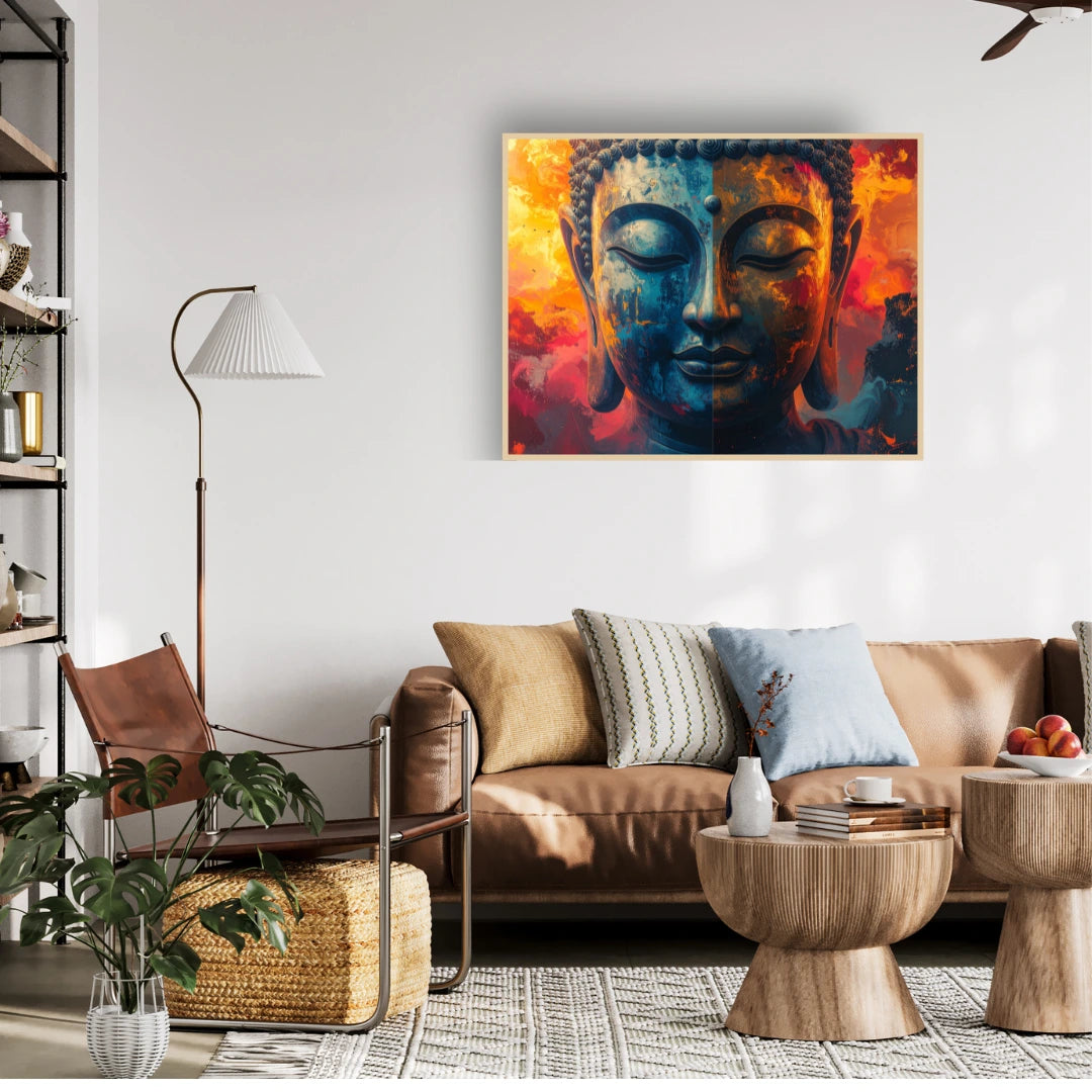 Colorful Buddha face canvas painting hanging in a modern living room with wooden furniture.