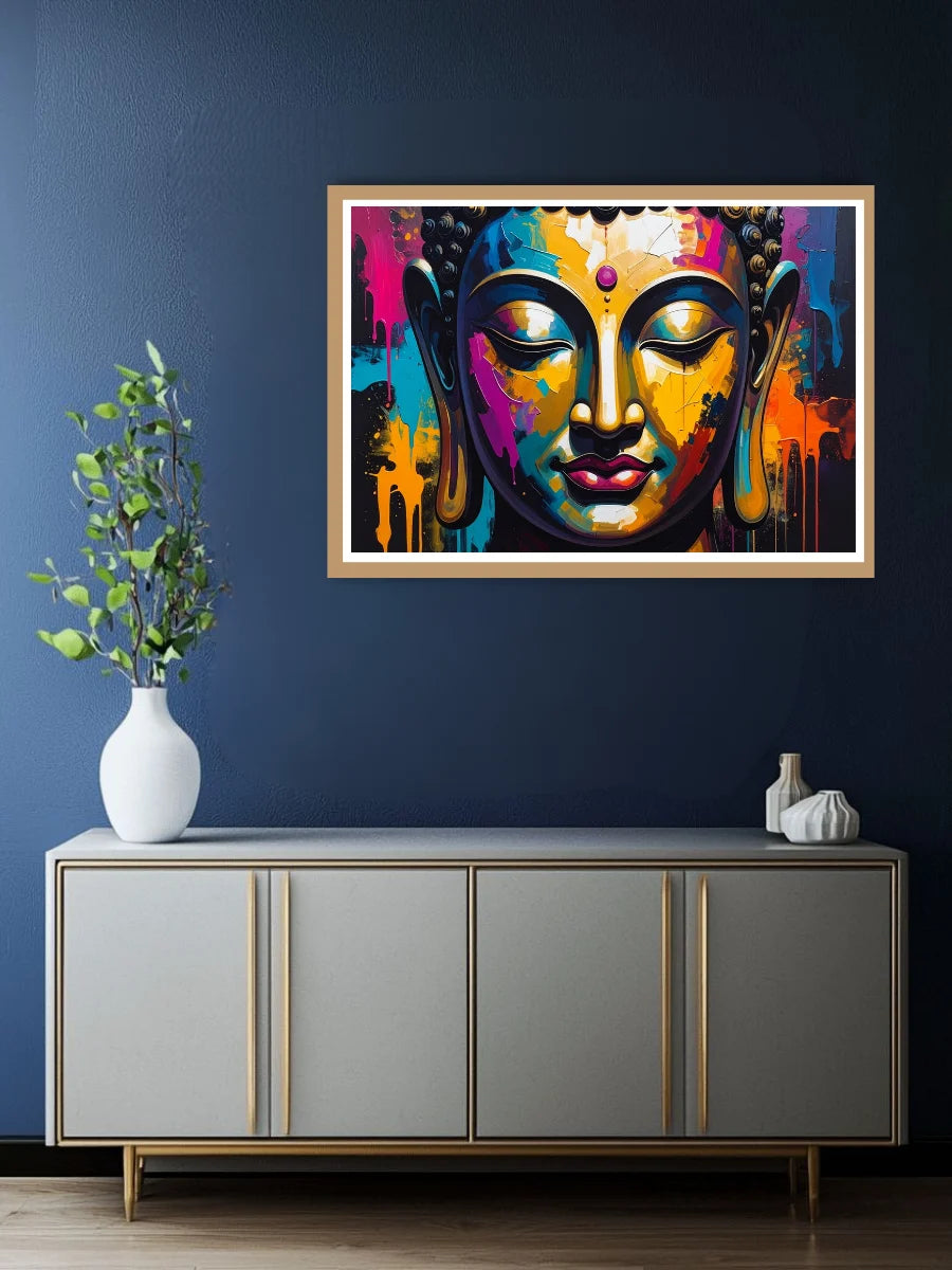 Colorful Buddha artwork on a dark blue wall above a gray cabinet.