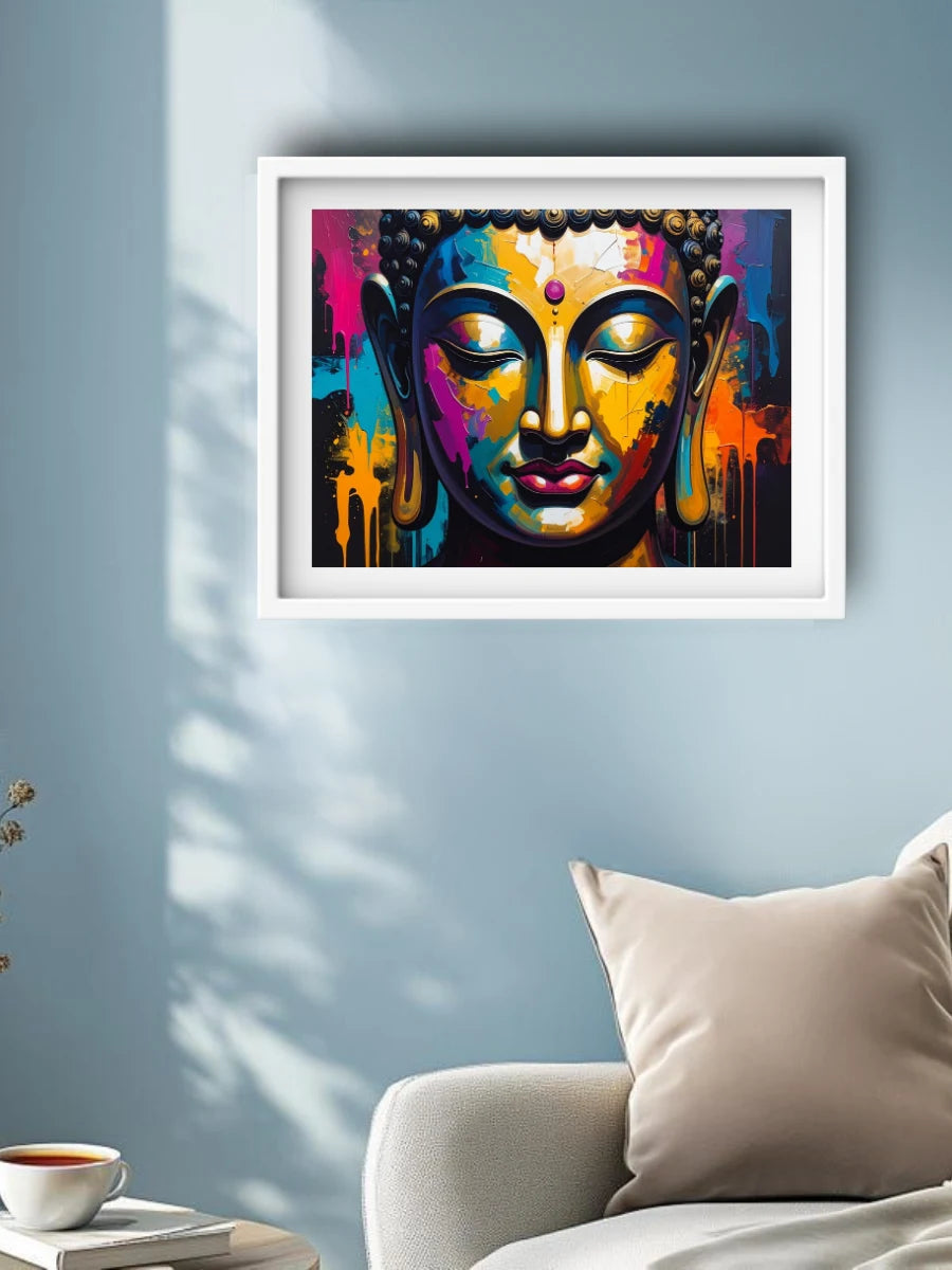 Colorful Buddha painting in a white frame on a light blue wall above a sofa.