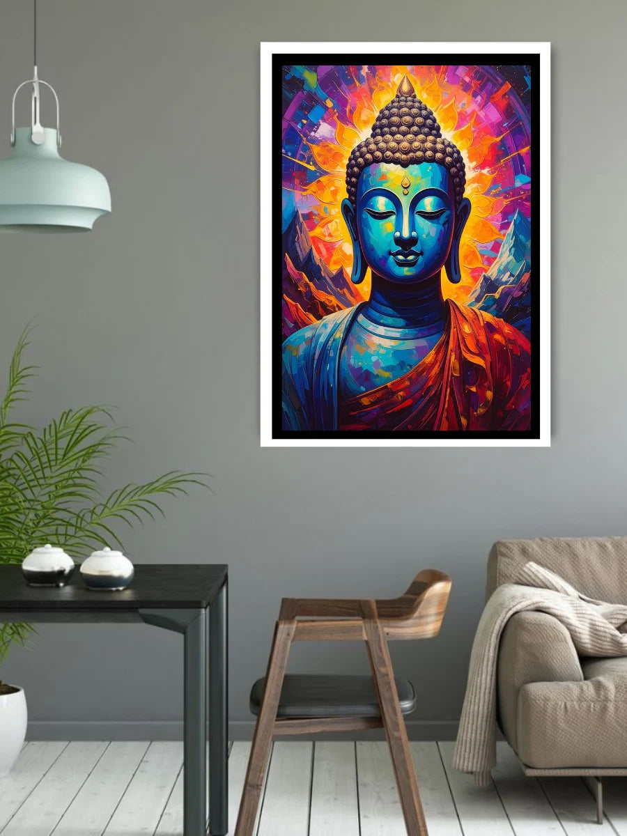 Colorful Buddha painting on a gray wall in a modern living room.