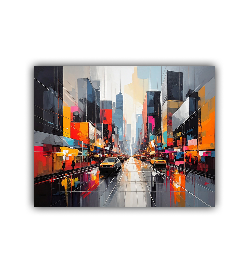 Vibrant cityscape artwork displayed above a sofa with minimalist modern furniture.