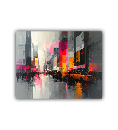 Bright abstract cityscape artwork displayed in a stylish room with a neutral wall.