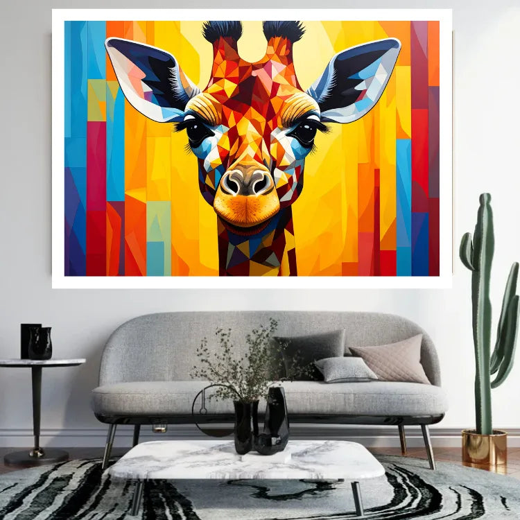 Colorful Geometric Giraffe Canvas Wall Art Displayed Above Sofa