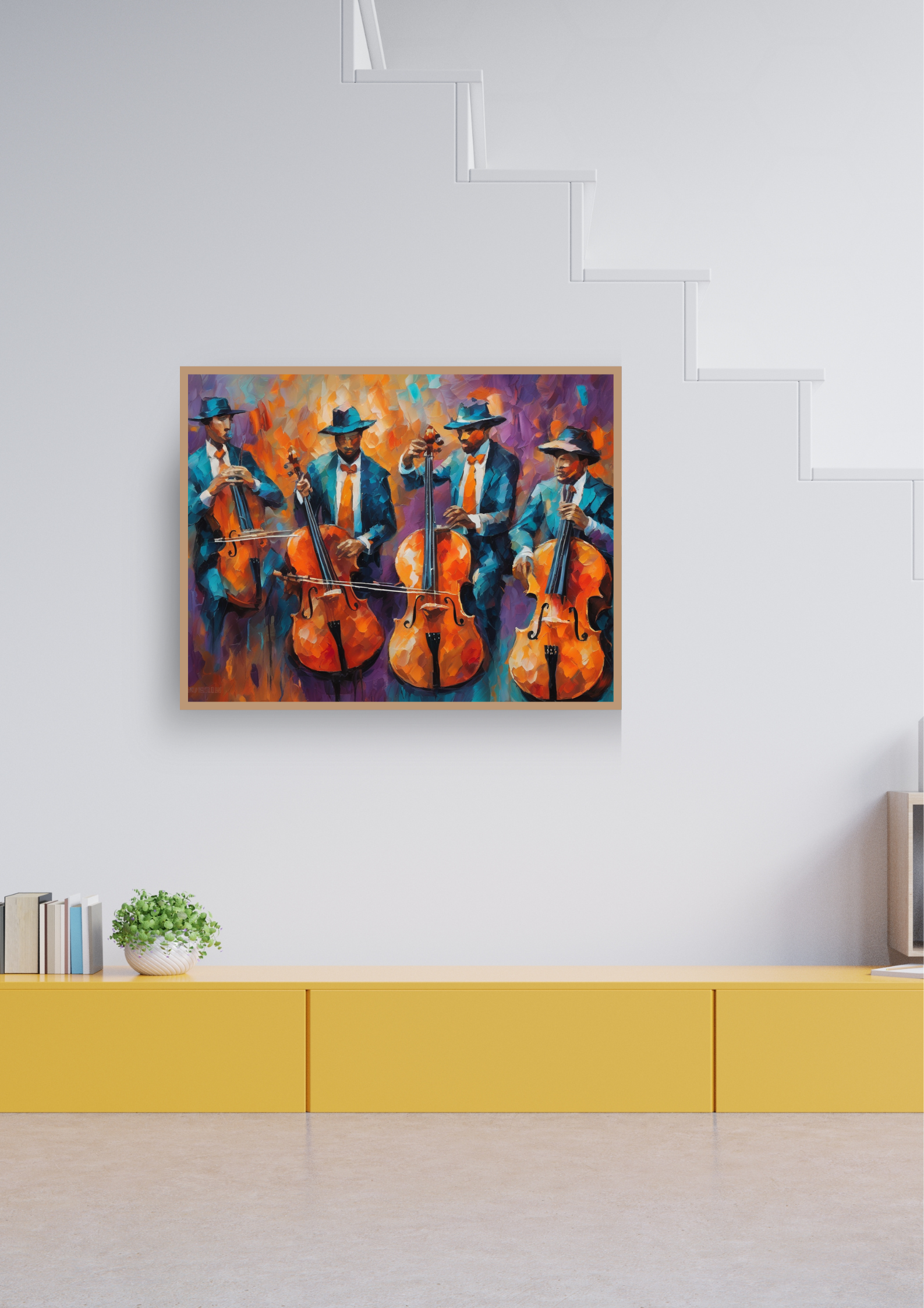 Vibrant musician-themed abstract canvas painting displayed above a modern low cabinet.