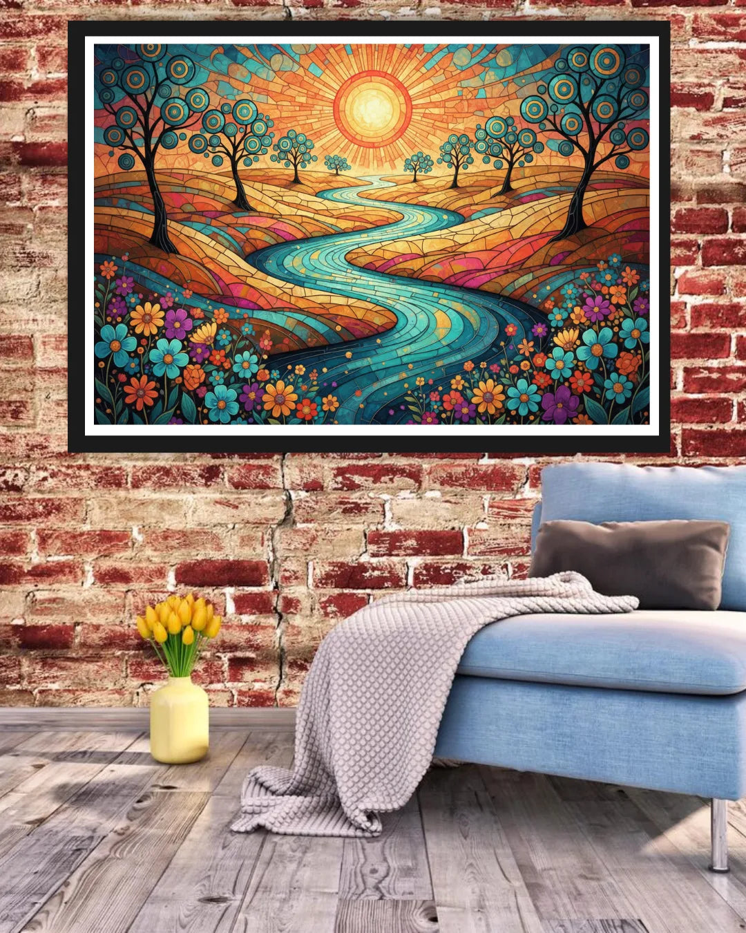 Colorful abstract landscape painting on a brick wall above a blue sofa.