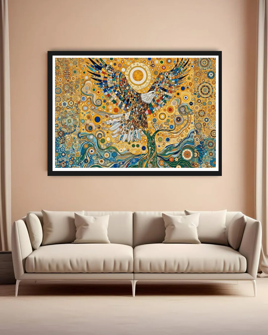 Colorful abstract art piece on a beige wall above a beige sofa.