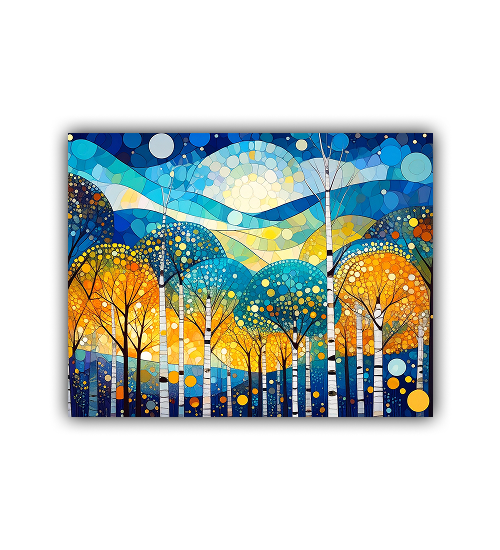 Colorful abstract artwork of trees and landscapes on a white background