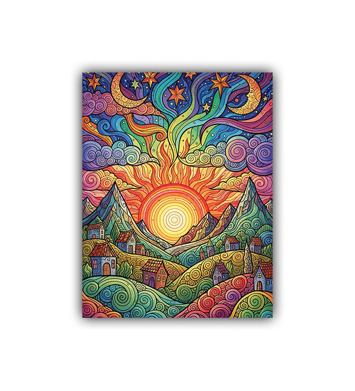 Colorful abstract artwork with a sun, mountains, and houses on a white background