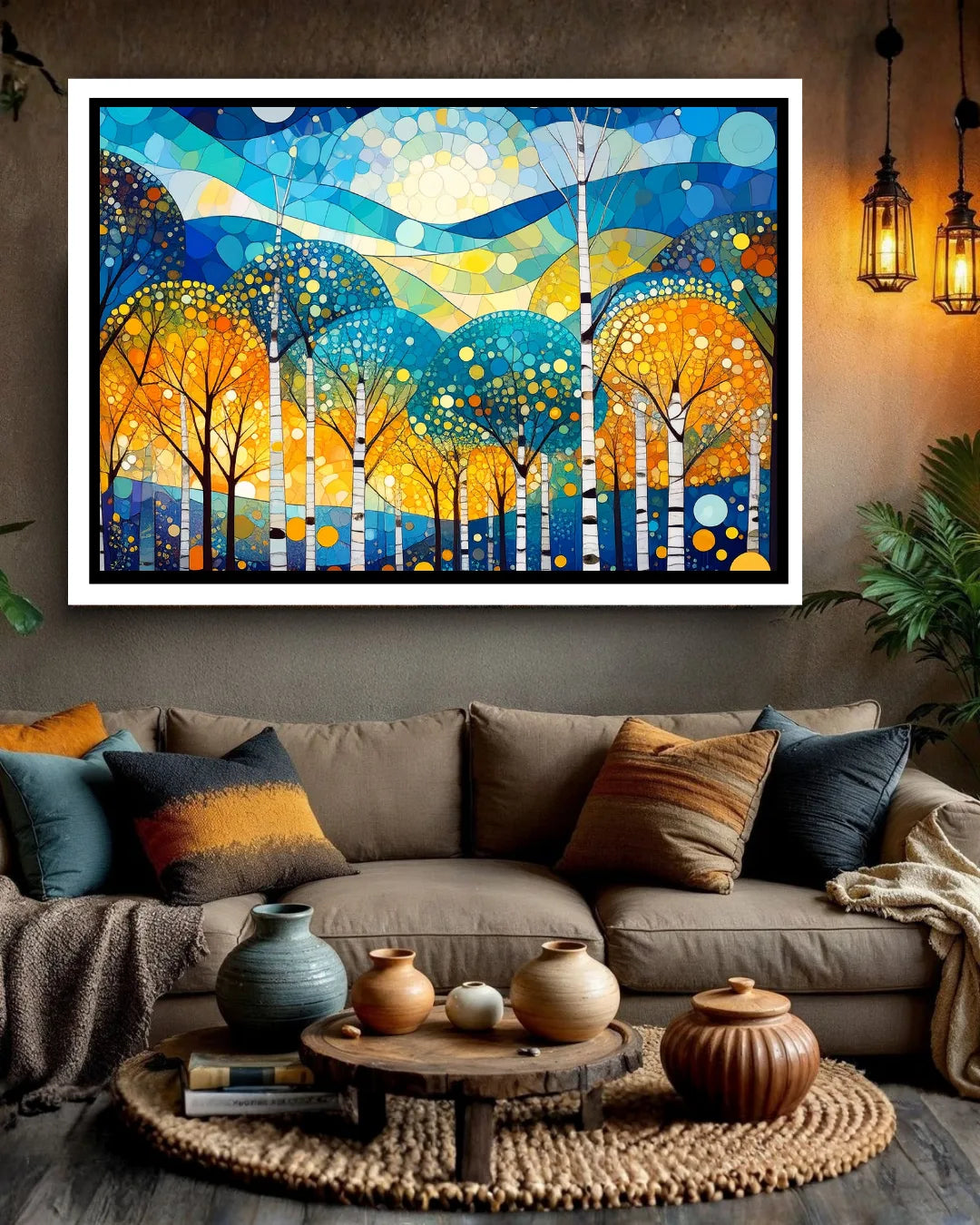 Colorful abstract forest painting above a sofa in a living room.