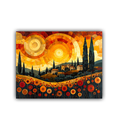 Colorful abstract landscape painting with sun, trees, and flowers on a white background