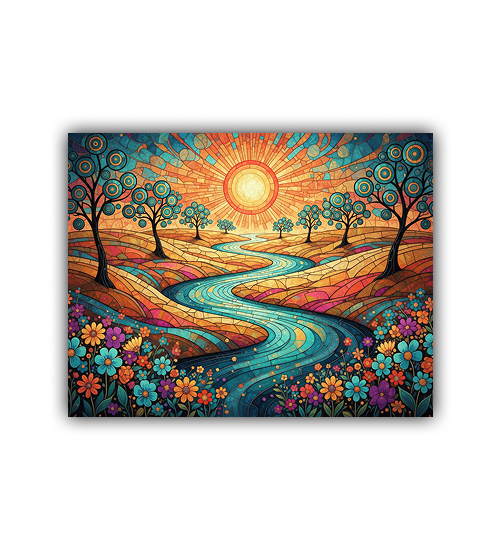 Colorful abstract landscape with trees, flowers, and a river on a white background