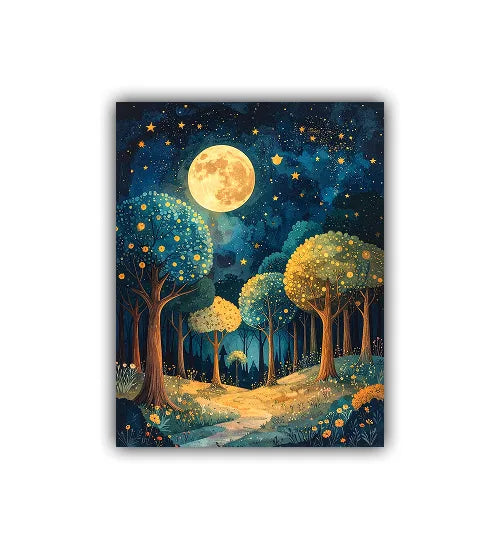 Colorful abstract moonlit forest river canvas wall art