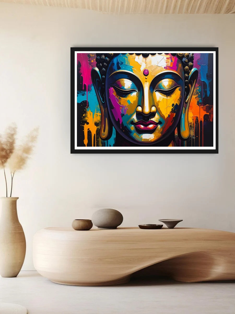 Colorful abstract painting of a Buddha face on a wall above a wooden table.