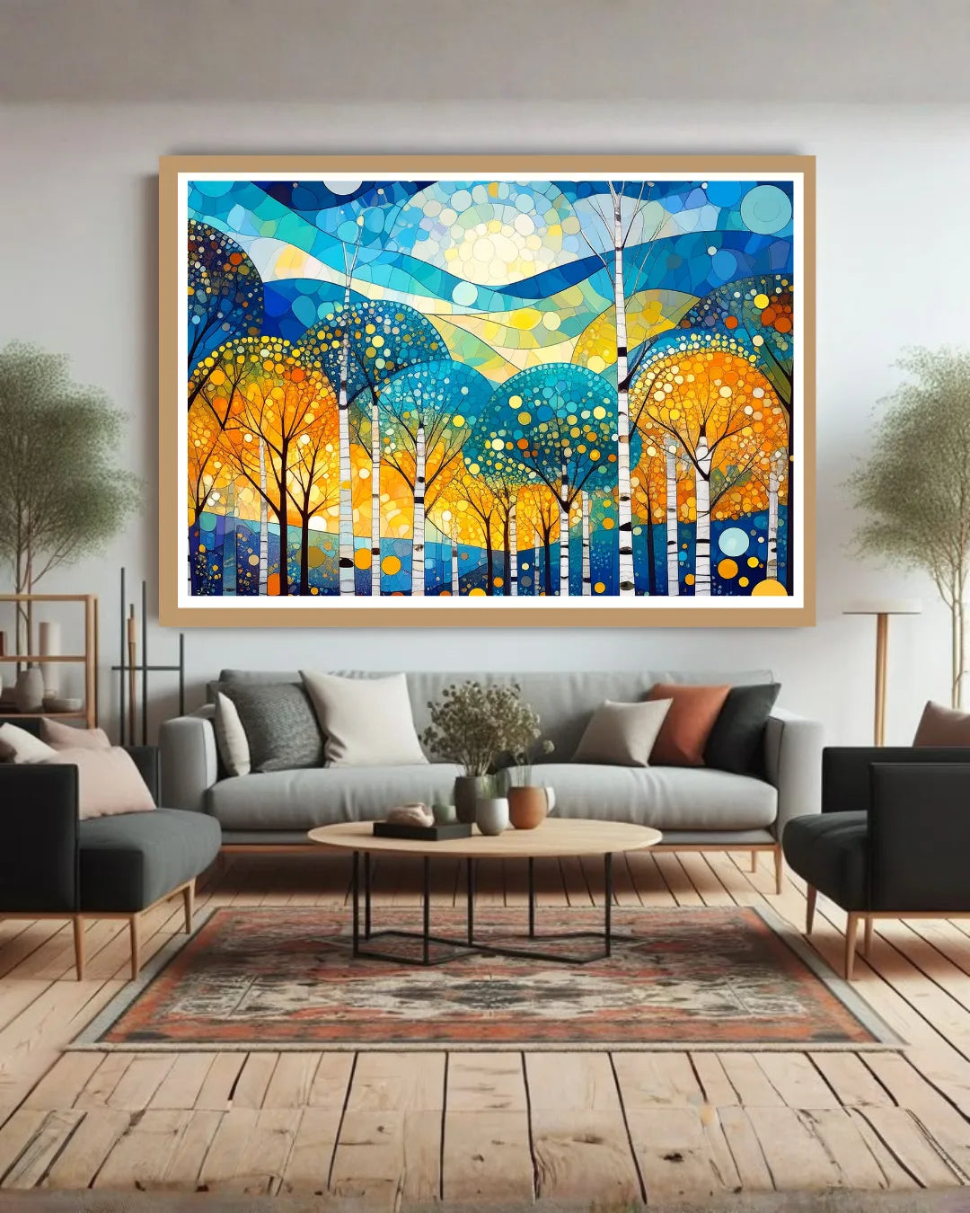 Colorful abstract painting in a living room setting with a gray sofa and wooden coffee table.