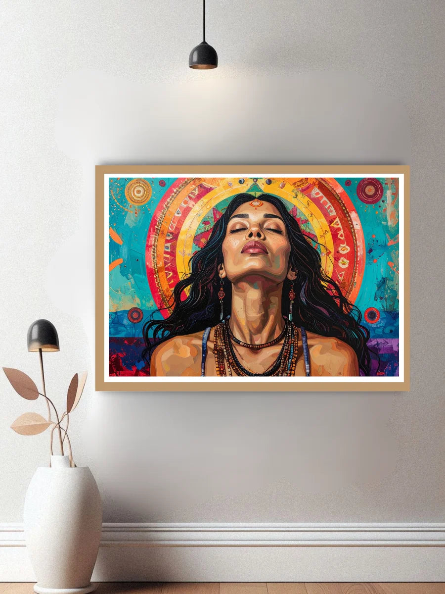 Colorful artwork of a woman with a mandala-like background on a white wall.