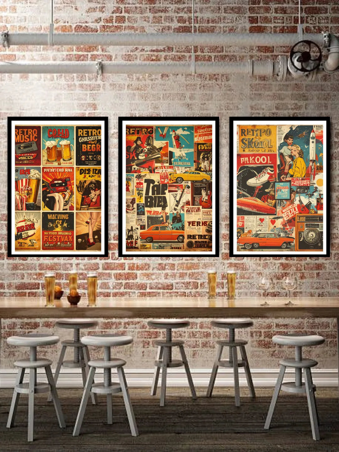 Colorful cafe theme canvas wall art three panel set