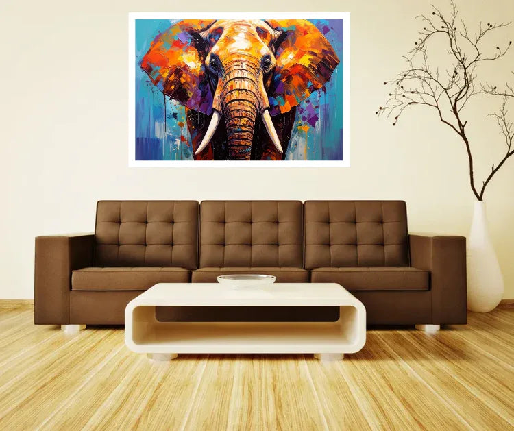 Living room with a brown sofa, white coffee table, and colorful elephant painting on the wall.