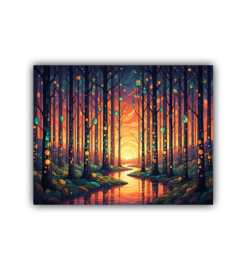 Colorful forest scene with glowing trees and a stream on a white background