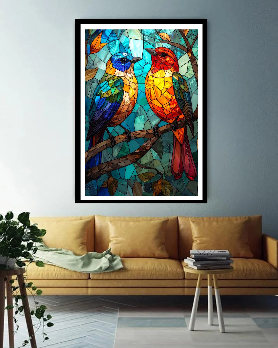 Colorful stained glass-style artwork of two birds on a branch in a living room.