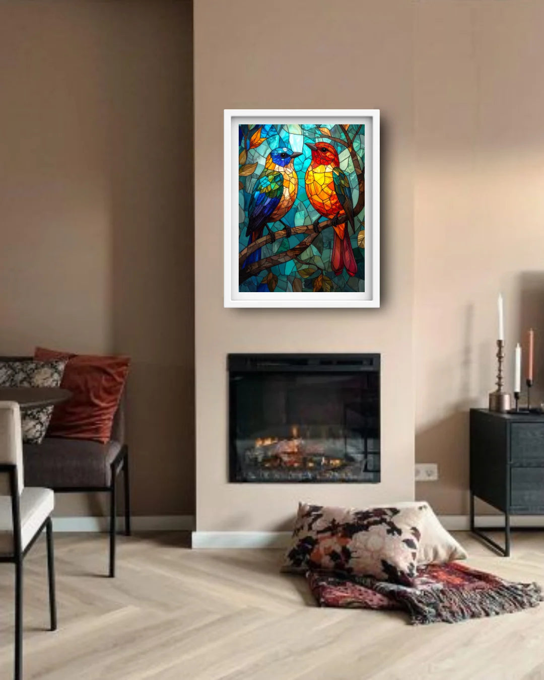 Colorful stained glass-style artwork of two birds above a fireplace in a living room.