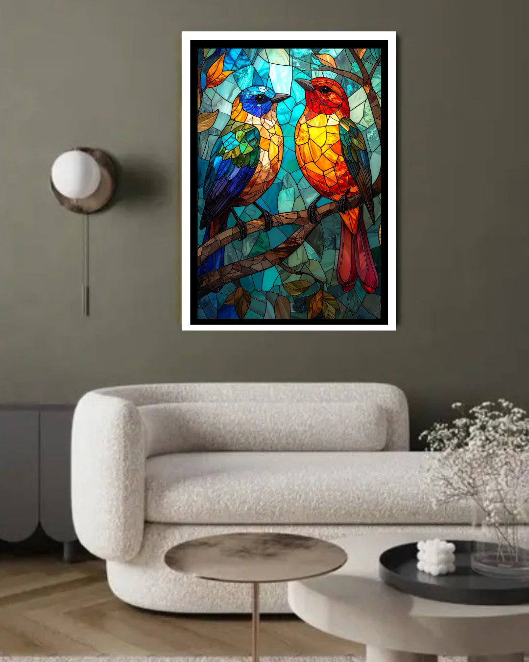 Colorful stained glass artwork of two birds on a branch in a living room.