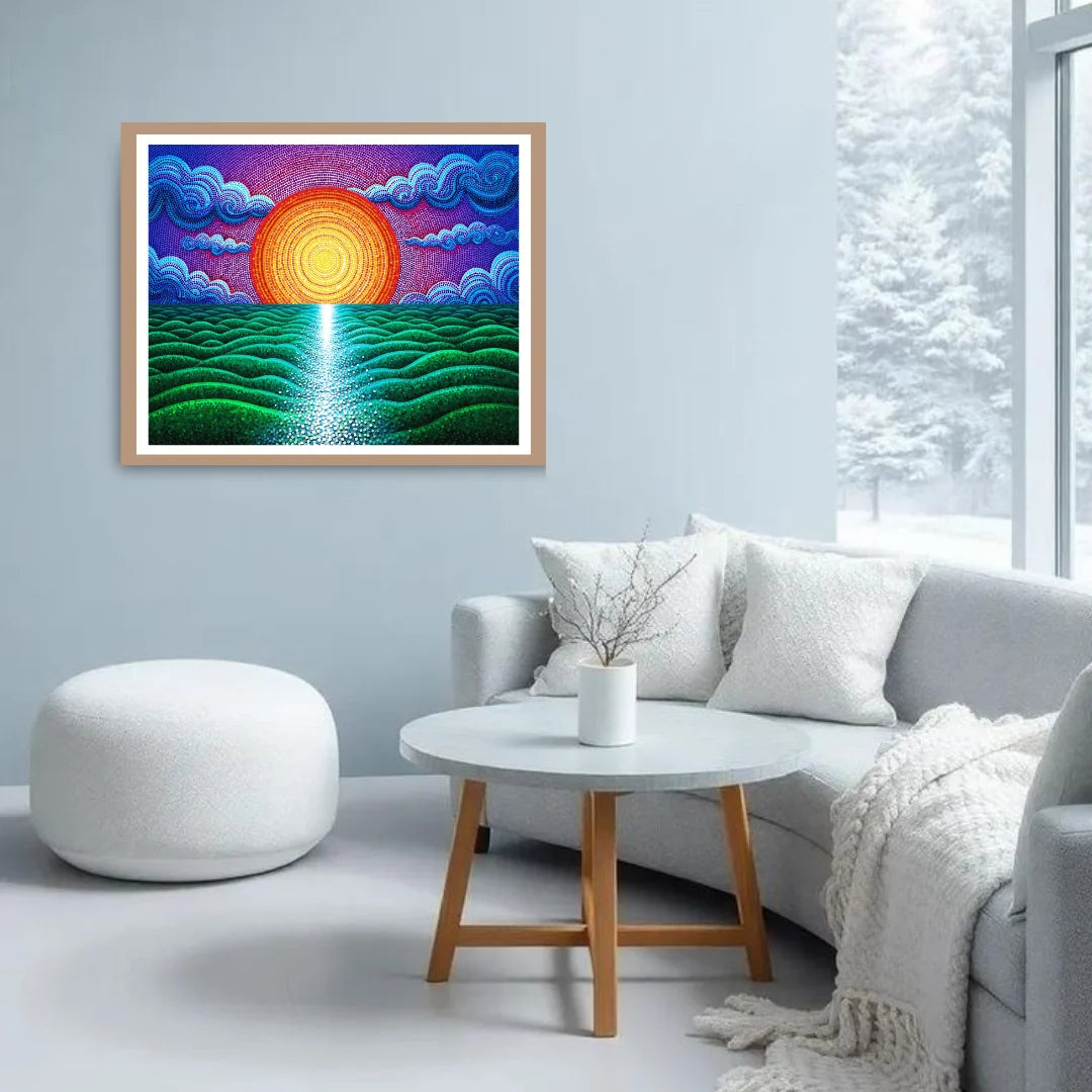 Rising sun ocean wall art painting for contemporary home interior