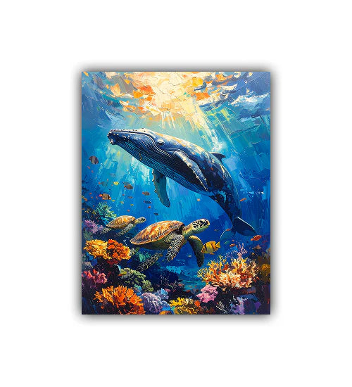 Colorful underwater scene with a whale, turtles, and fish, featuring vibrant coral.