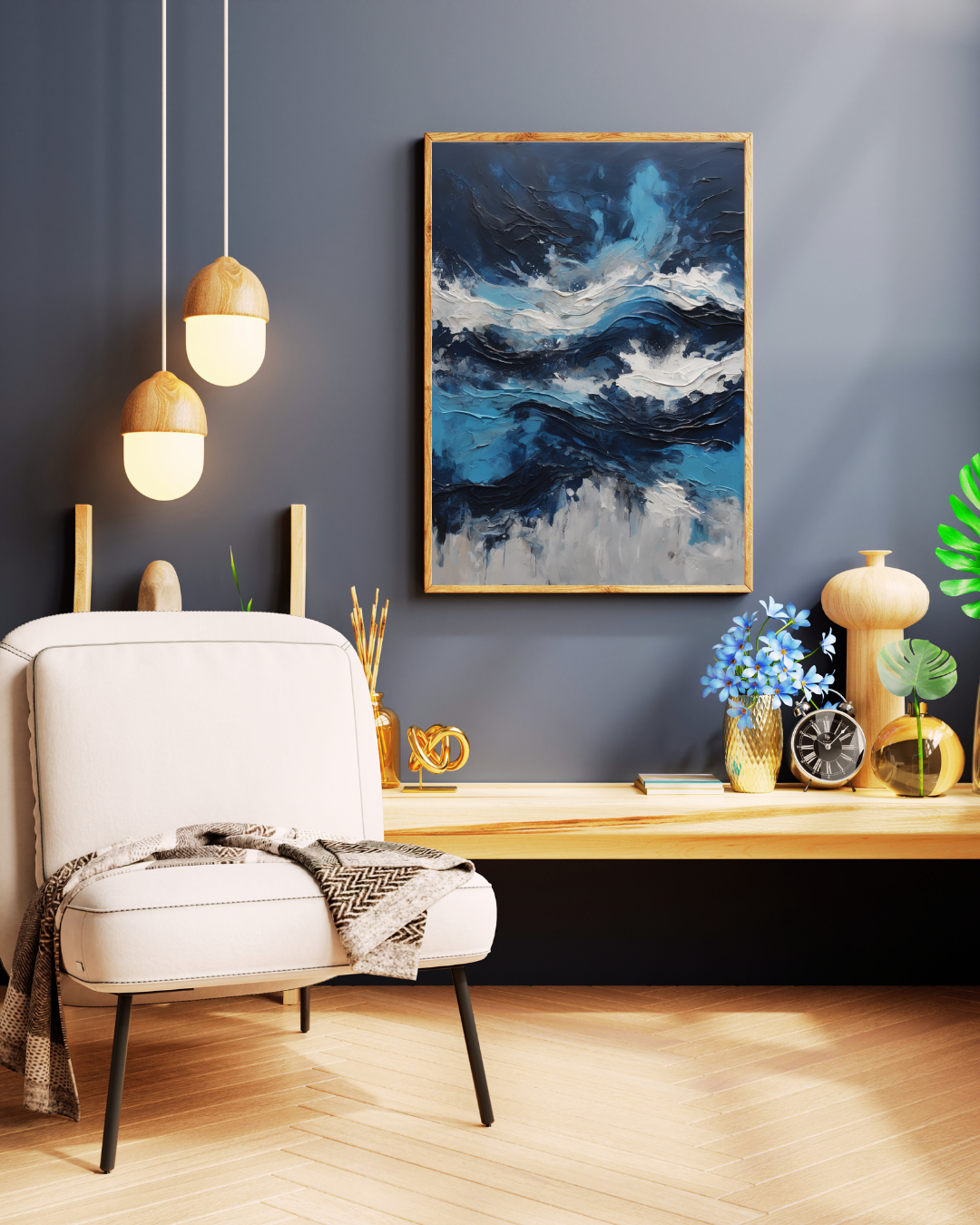 Abstract ocean wall art mounted above a sofa in a contemporary living room décor.