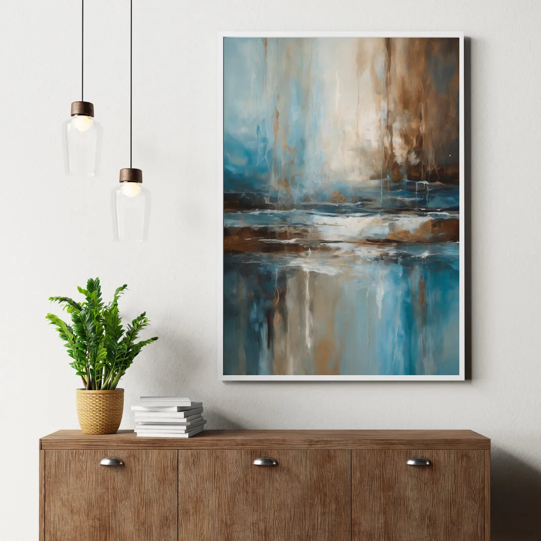 Contemporary abstract canvas art with blue and brown tones hanging above a wooden console table.