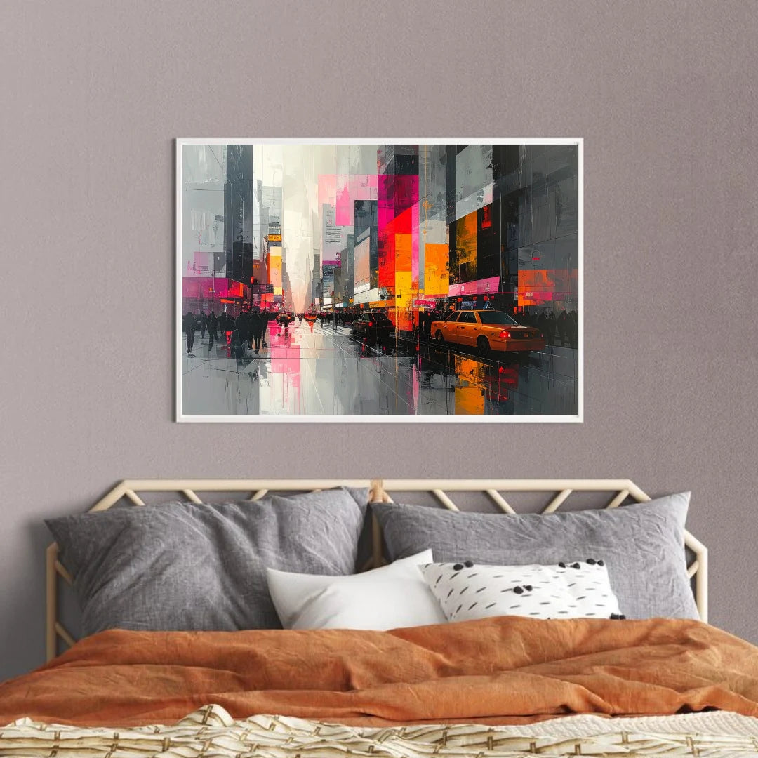 Abstract cityscape painting mounted above a cozy bed with warm interior accents.