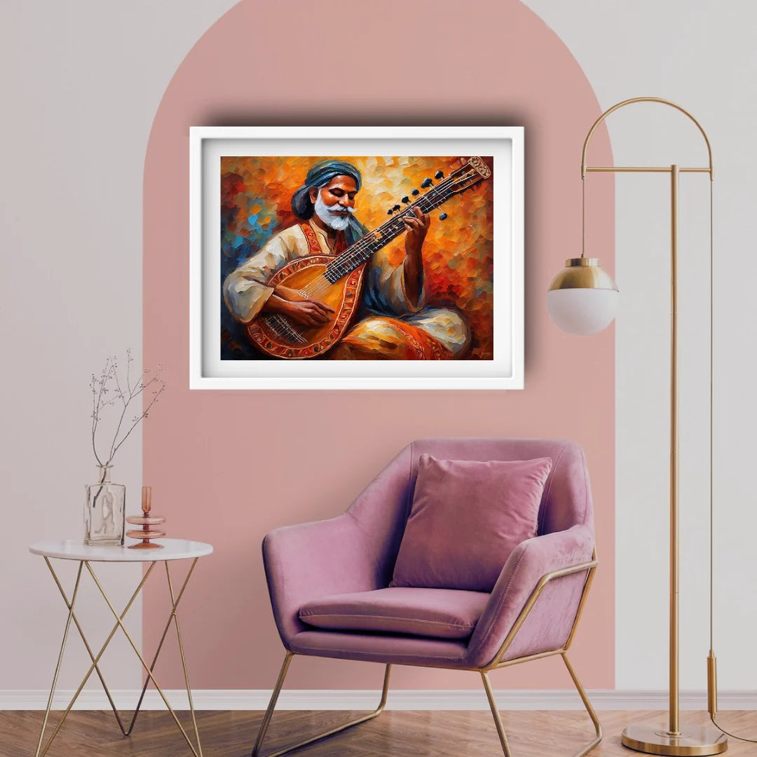 Guitar musician canvas displayed above a modern pink chair setup in a stylish room.