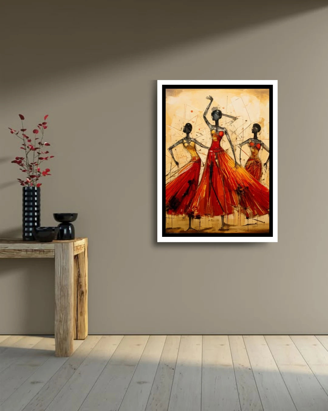 Ethnic Indian classical dancers wall painting in warm earthy colors