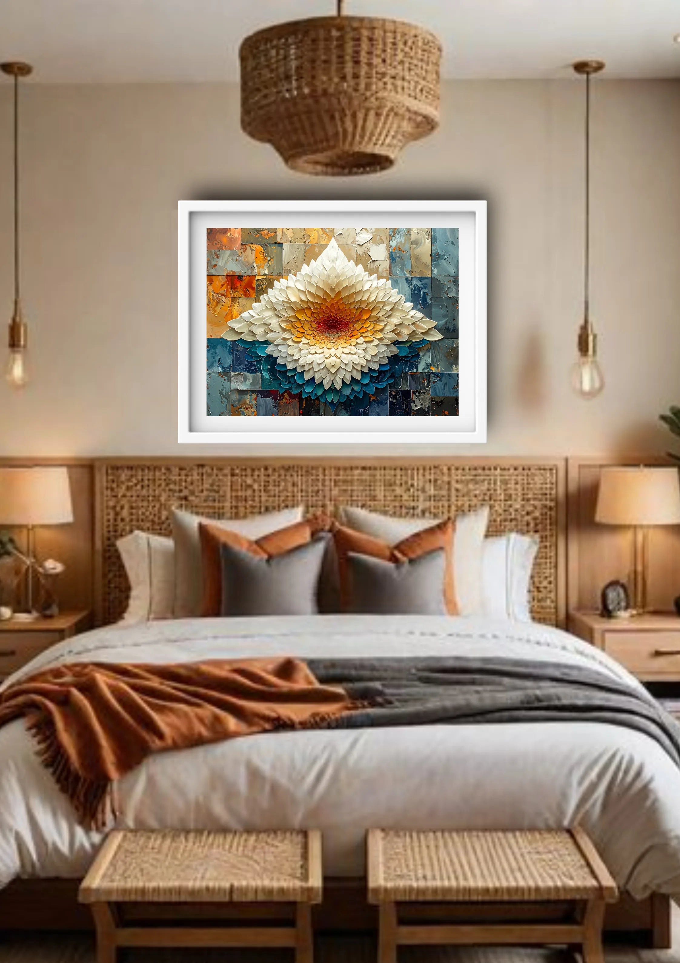 Decorative floral artwork above a bed in a bedroom setting.