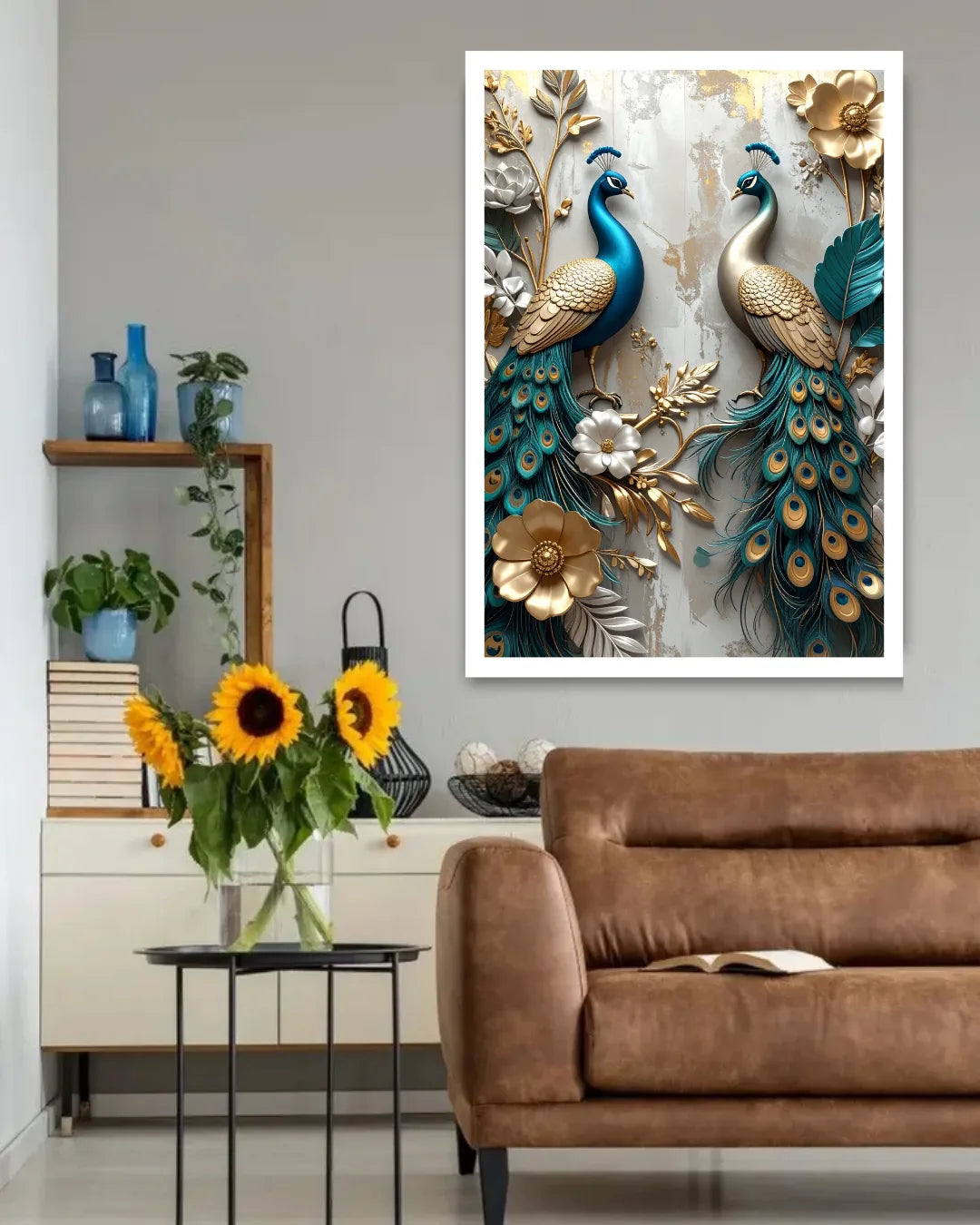 Decorative wall art of peacocks in a living room setting with a brown sofa and sunflowers.