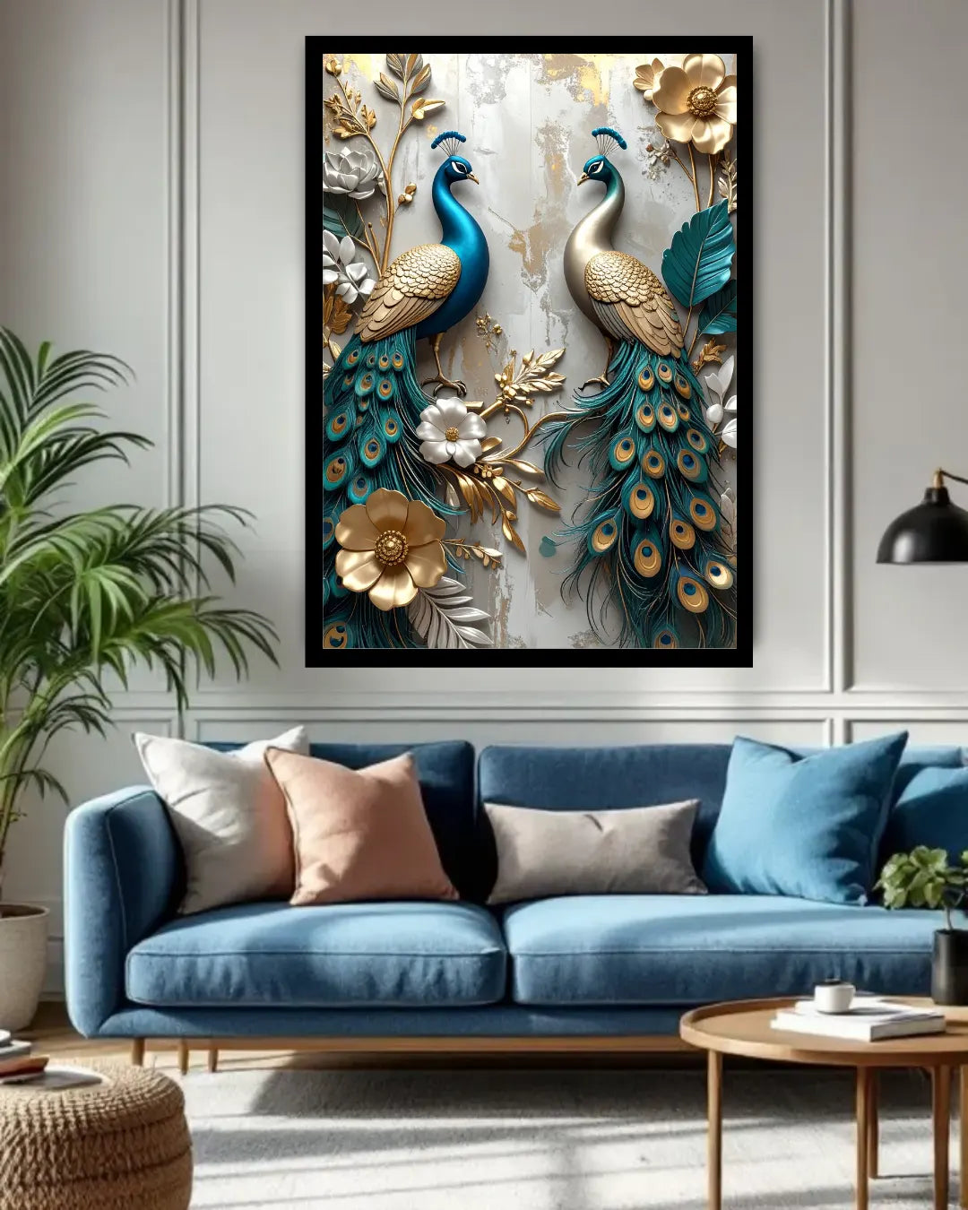 Decorative wall art of peacocks and flowers above a blue sofa in a living room.