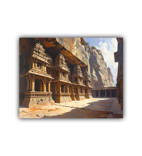 Framed ancient rock cut temple canvas wall art print