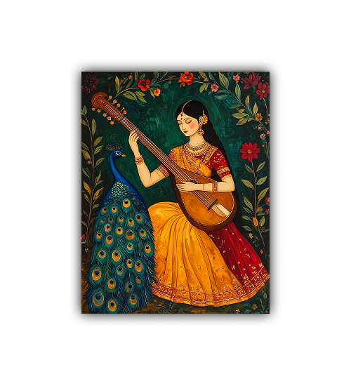 Indian Woman Sitar Peacock Traditional Canvas Art