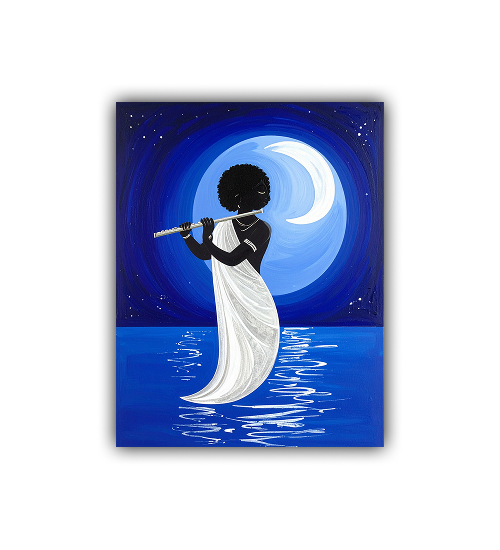 Moonlit Flute Player Wall Art – Mystical Night Canvas Painting for Modern Décor