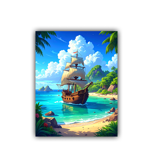 Tropical Paradise Pirate Ship Retro Canvas Art