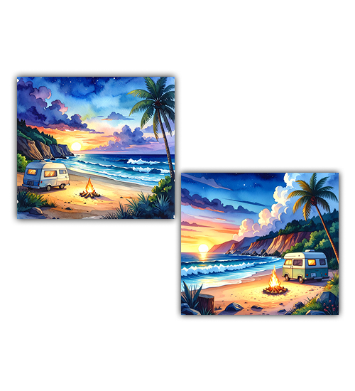 70s Beach Van Sunset Canvas - Retro Hippie Surf Painting