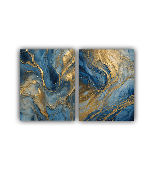 Blue Gold Fluid Art Set - Abstract Marble Diptych Canvas