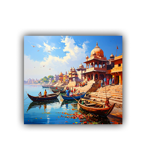 Sacred Varanasi Temple Ghat Art - Premium Canvas Painting
